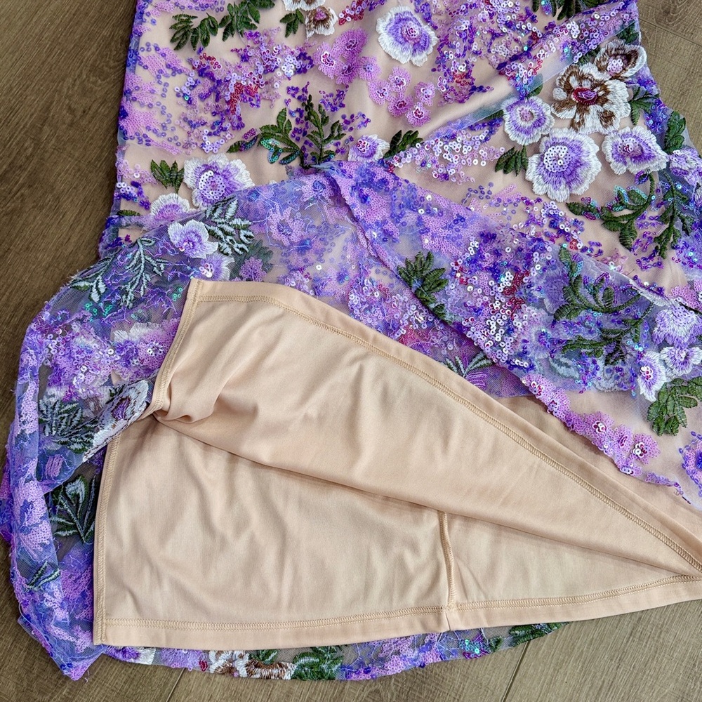 Sam Edelman Lavender Floral Lace Sequin High Neck Dress Small Formal Cocktail - Picture 15 of 16
